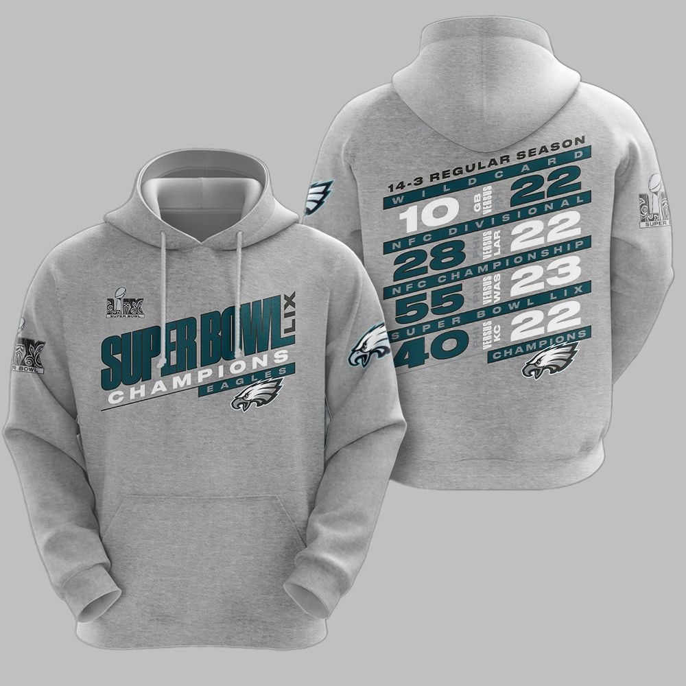 Philadelphia Eagles Super Bowl LIX Champions 14-3 Regular Season All Over Printed Hoodie - Heather Gray - JS392