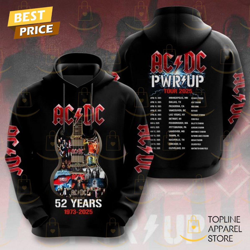 AC DC 52 Years 1973-2025 Pwr Up Tour Hoodie Premium Merchandise