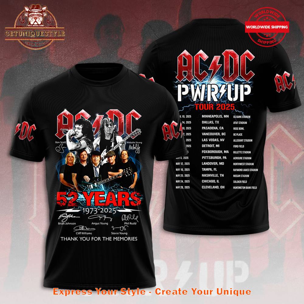 AC/DC PWR/UP Tour 2025 52 Years Anniversary T-shirt Premium Merchandise
