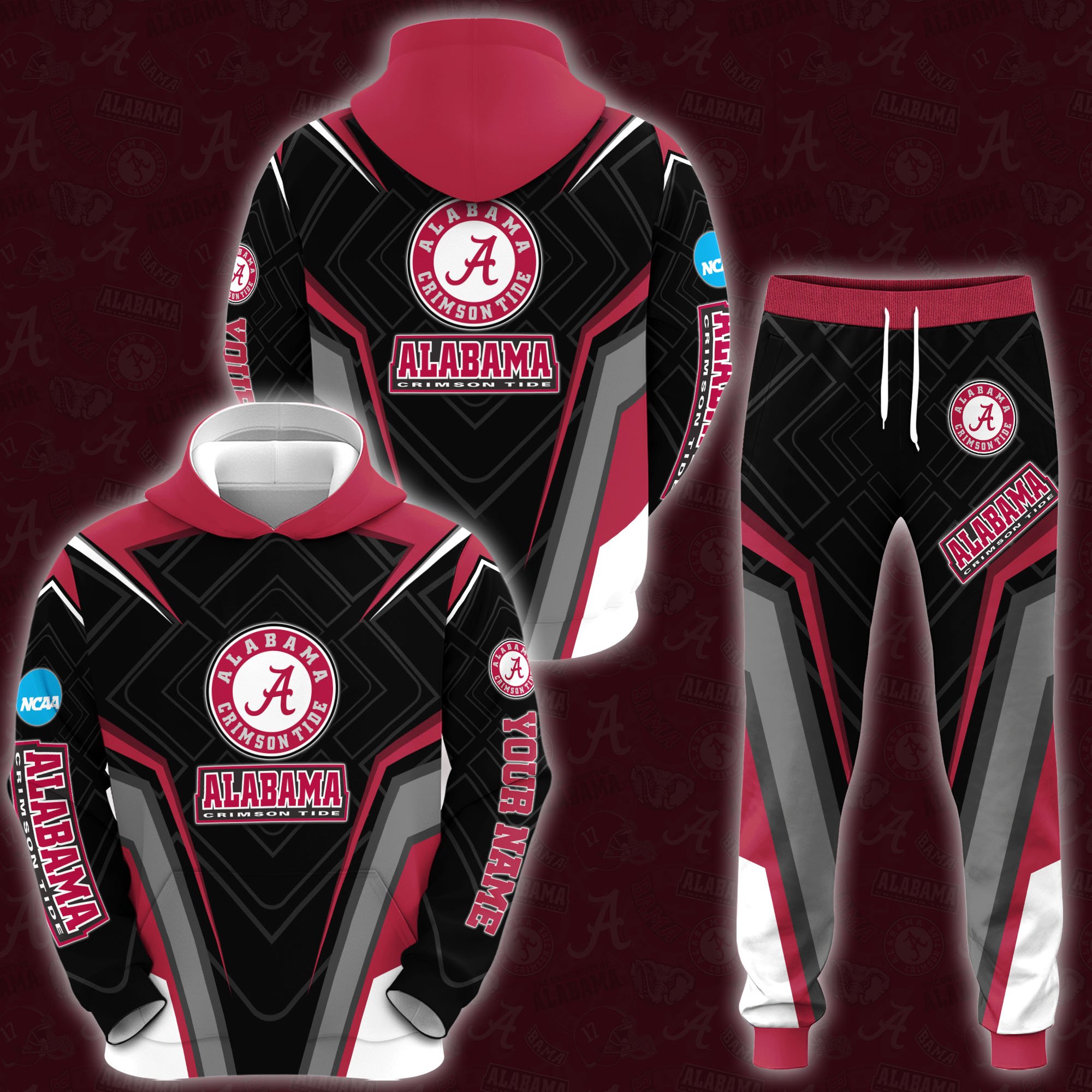 Alabama Crimson Tide Hoodie Joggers Set Custom Your name, Sport Zip Up Hoodie Joggers Set, Sport Gifts For Fan, Alabama Crimson Tide Hoodie MB89 Gift For Sport Music Fans