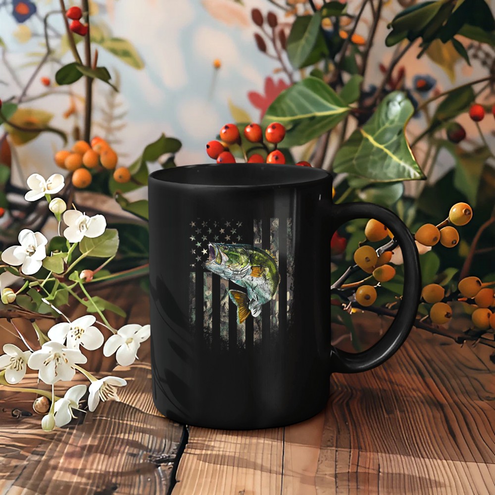 American Flag (Print on the Back) Camo Bass Fish Fishing Mug