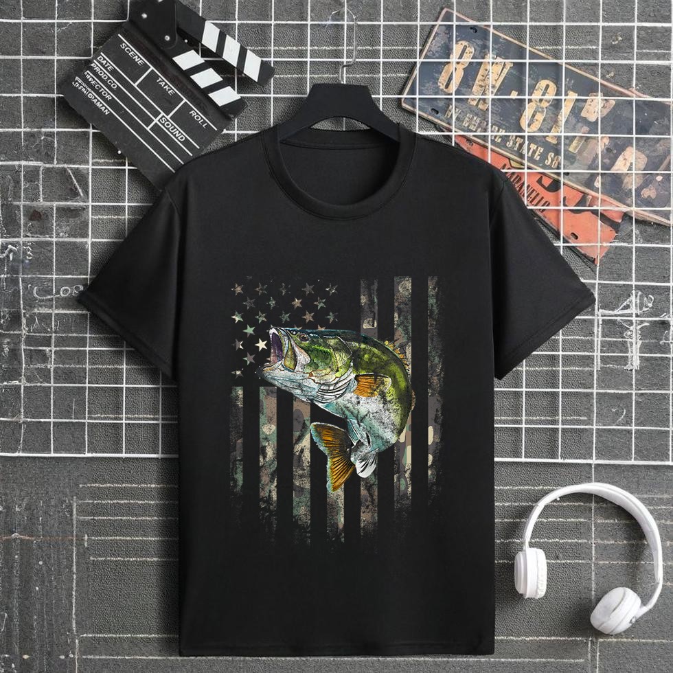 American Flag (Print on the Back) Camo Bass Fish Fishing T-Shirt