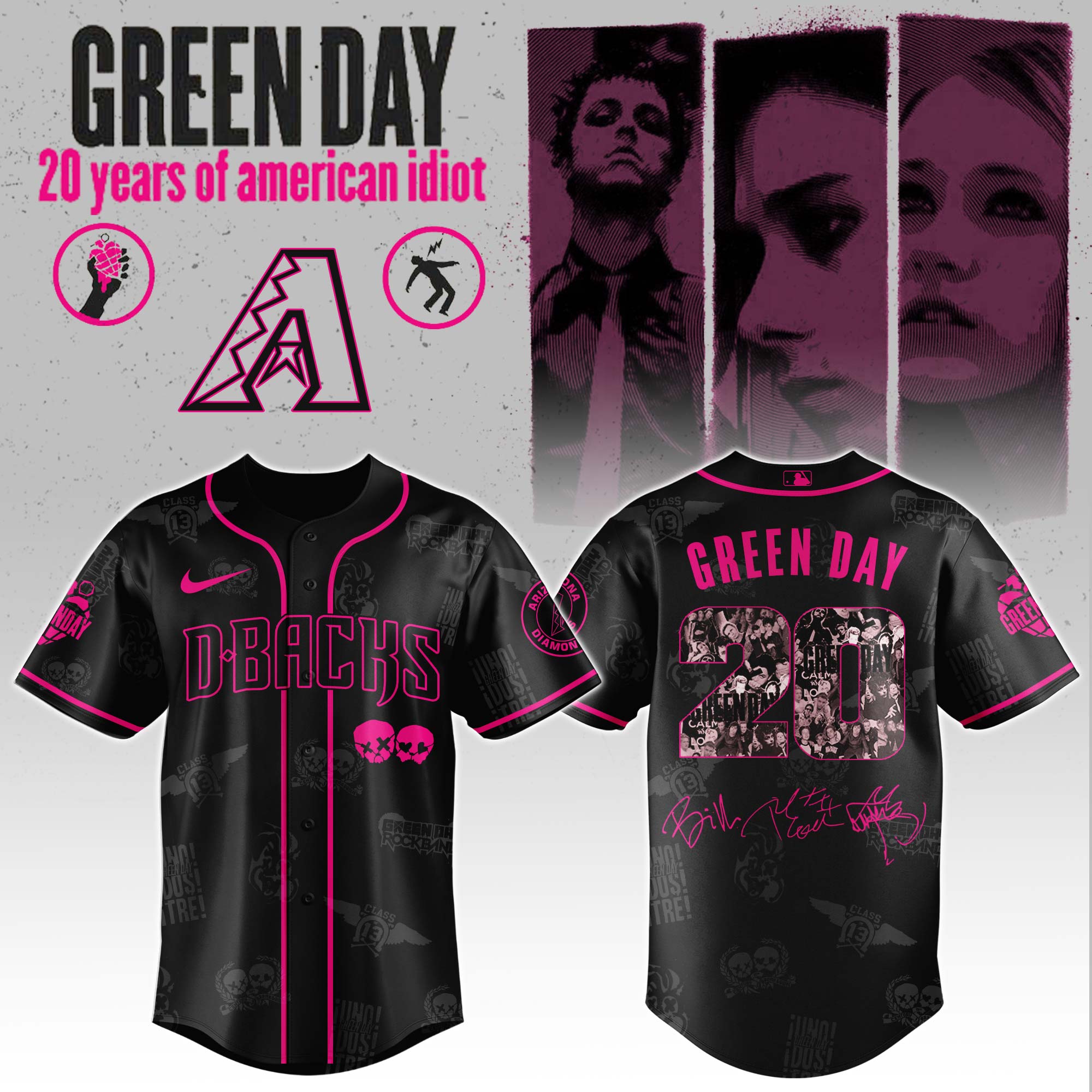 Arizona Diamondbacks MLB x Green Day 20th Anniversary Tour Personalized Baseball Jersey For Fans