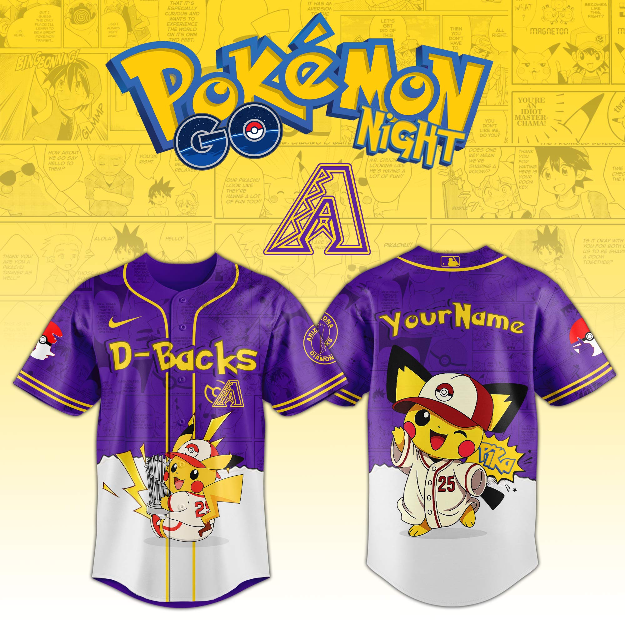 Arizona Diamondbacks MLB x PokÃ©mon GO Night Personalized Baseball Jersey For Fans