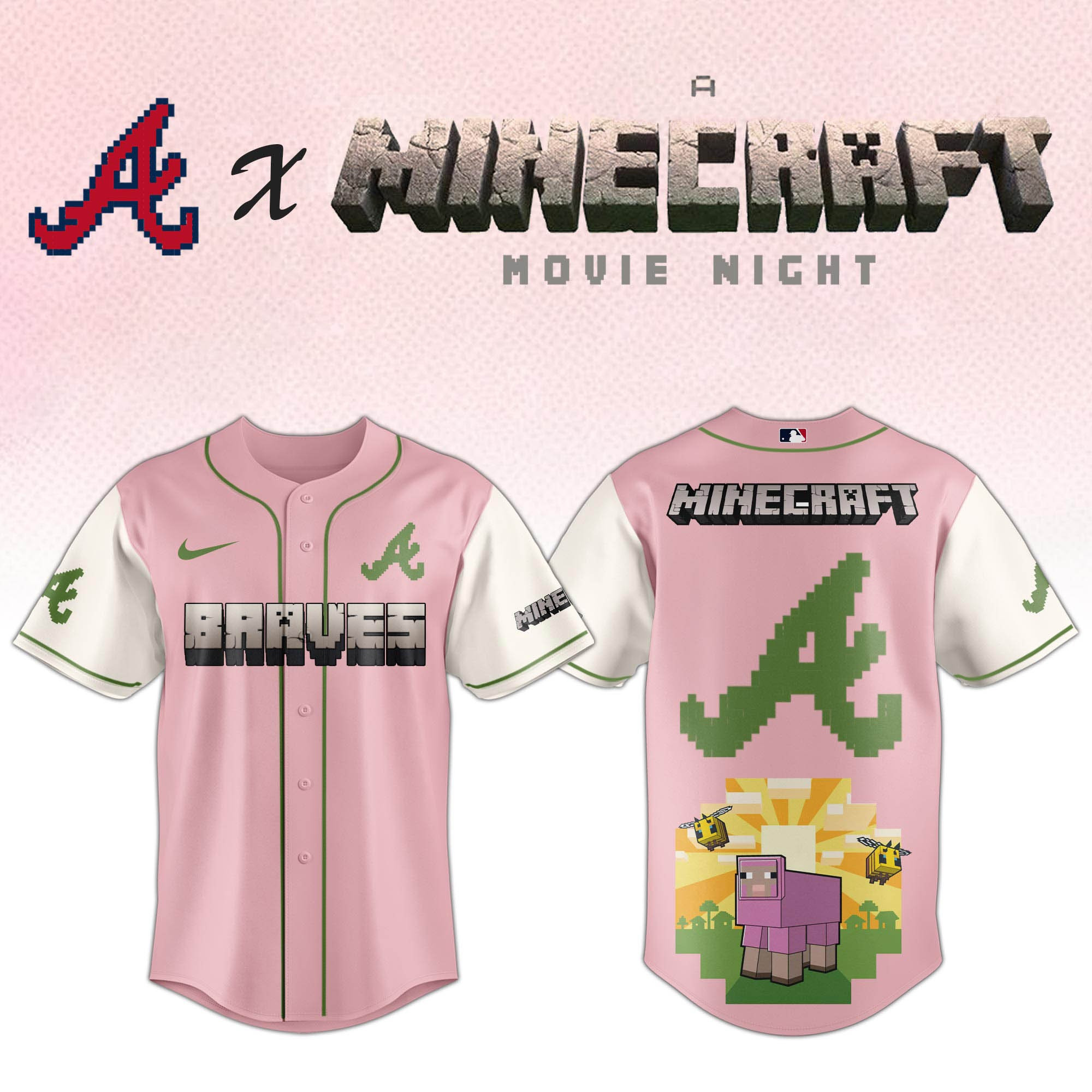 Atlanta Braves MLB x A MINECRAFT MOVIE Night Jersey Fan Merch Apparel Gift Ideas