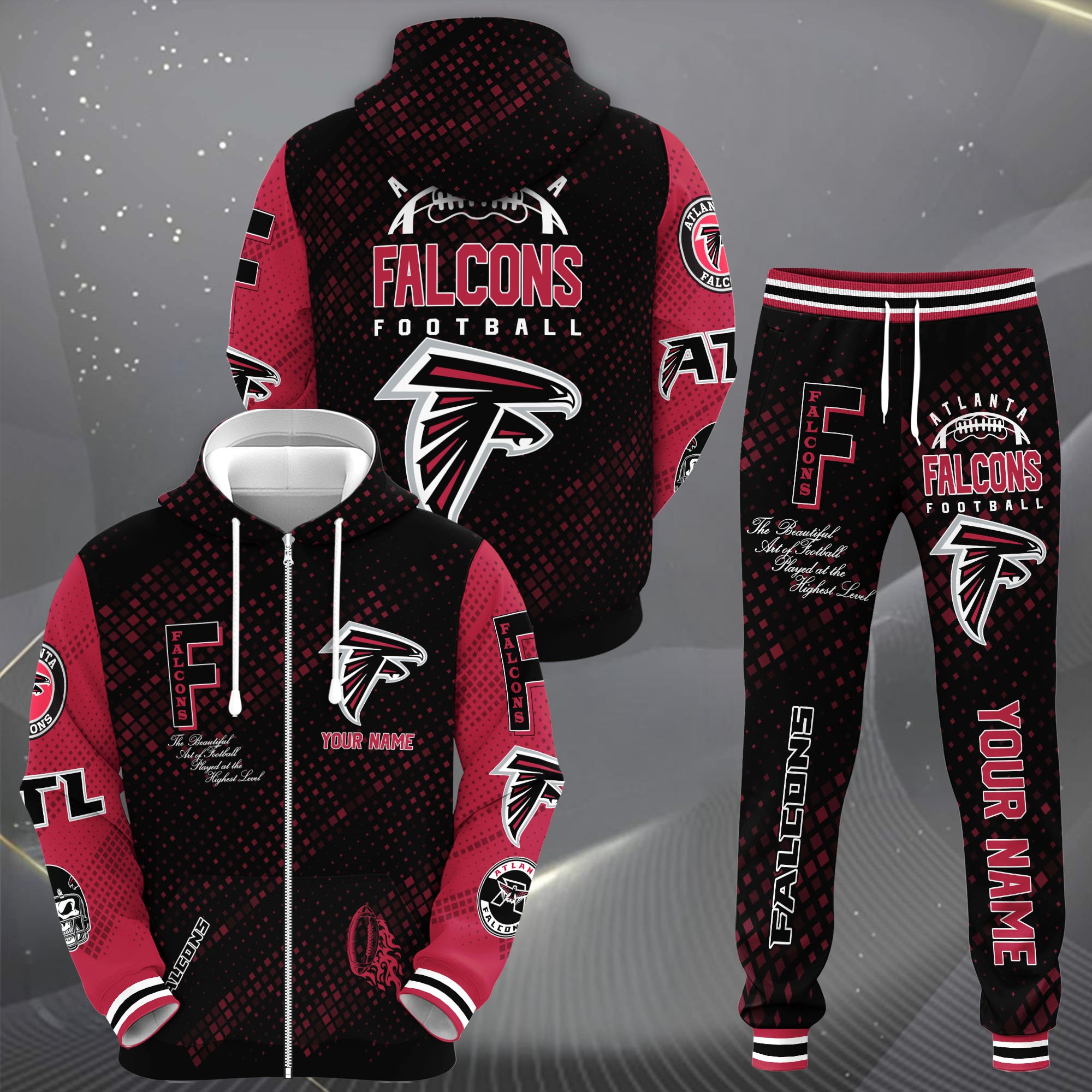 Atlanta Falcons Zip Up Hoodie Joggers Set Custom Your name, Sport Zip Up Hoodie Joggers Set, Sport Gifts For Fan Premium Merchandise