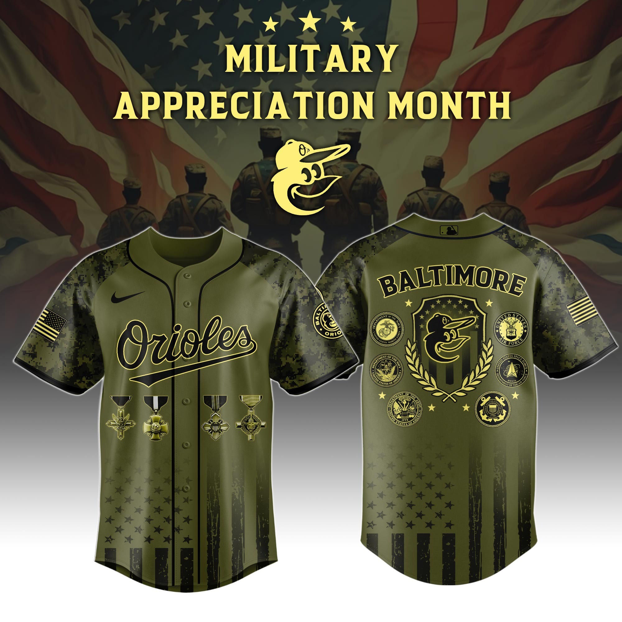 Baltimore Orioles MLB Military Appreciation Month Jersey Camo Baseball Fan Veteran Gifts