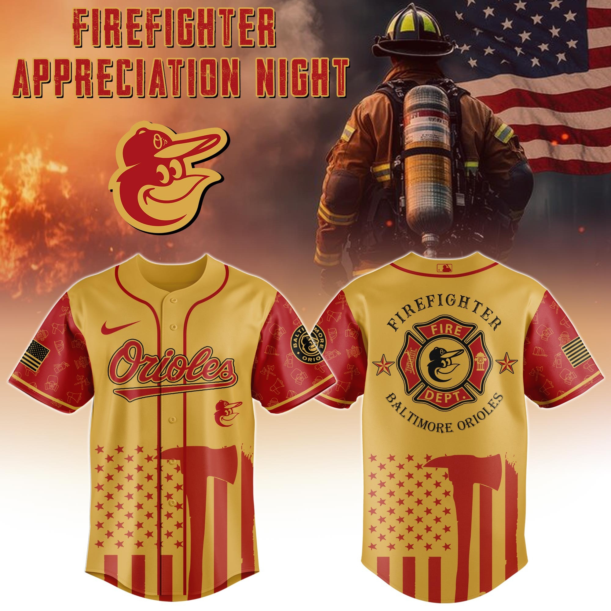 Baltimore Orioles MLB X Firefighter Appreciation Night Jersey Merch Baseball Fan Gifts