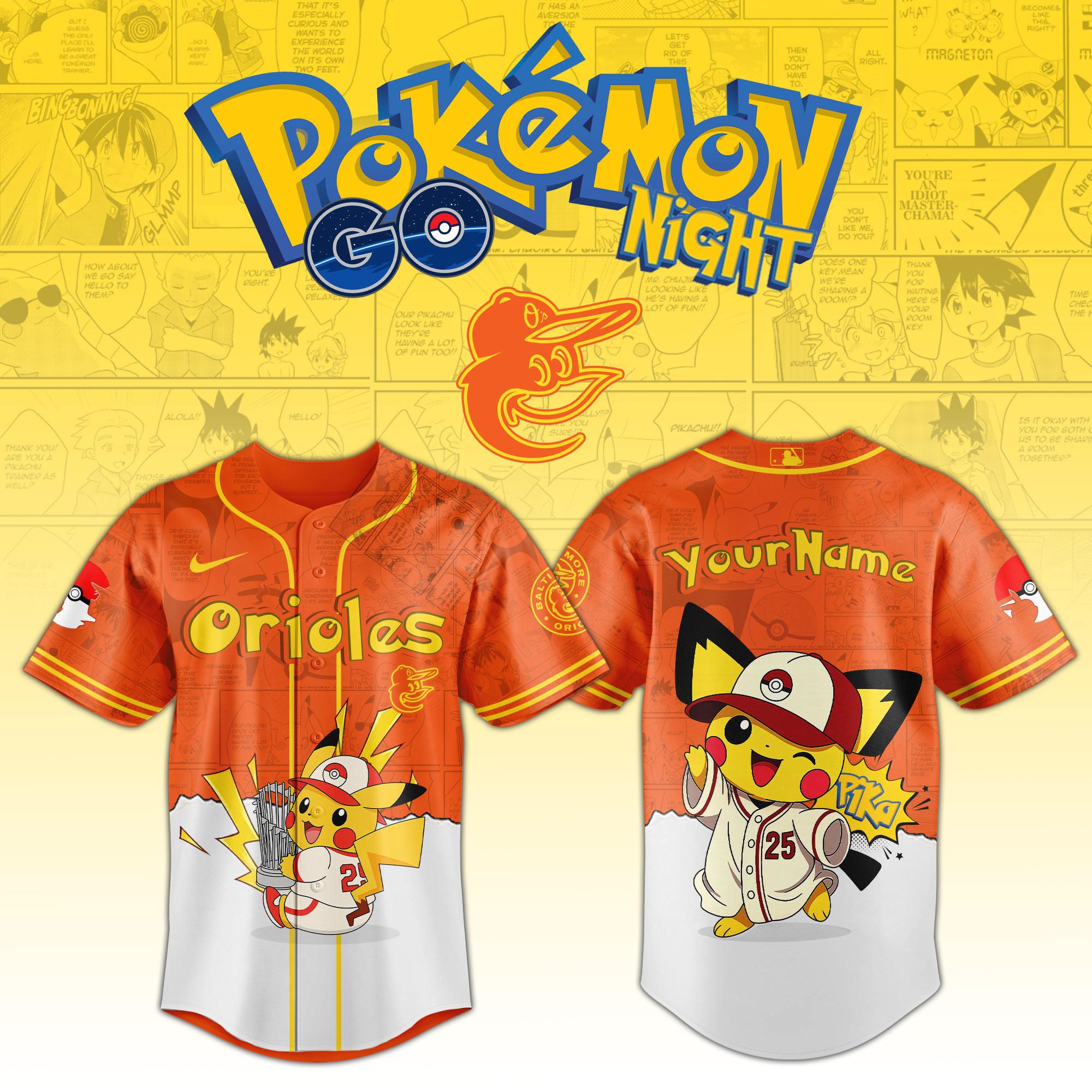 Baltimore Orioles MLB x PokÃ©mon GO Night Personalized Baseball Jersey For Fans