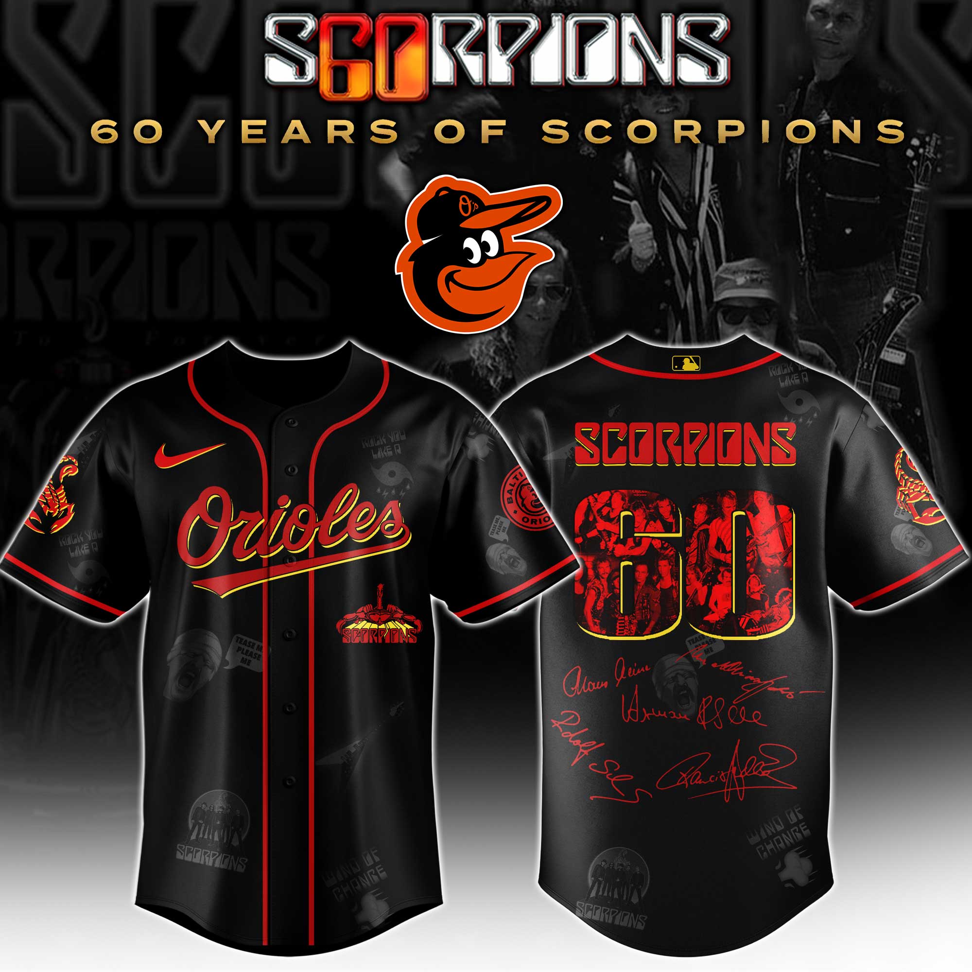 Baltimore Orioles MLB x Scorpions 60th Anniversary Tour Personalized Baseball Jersey For Fans