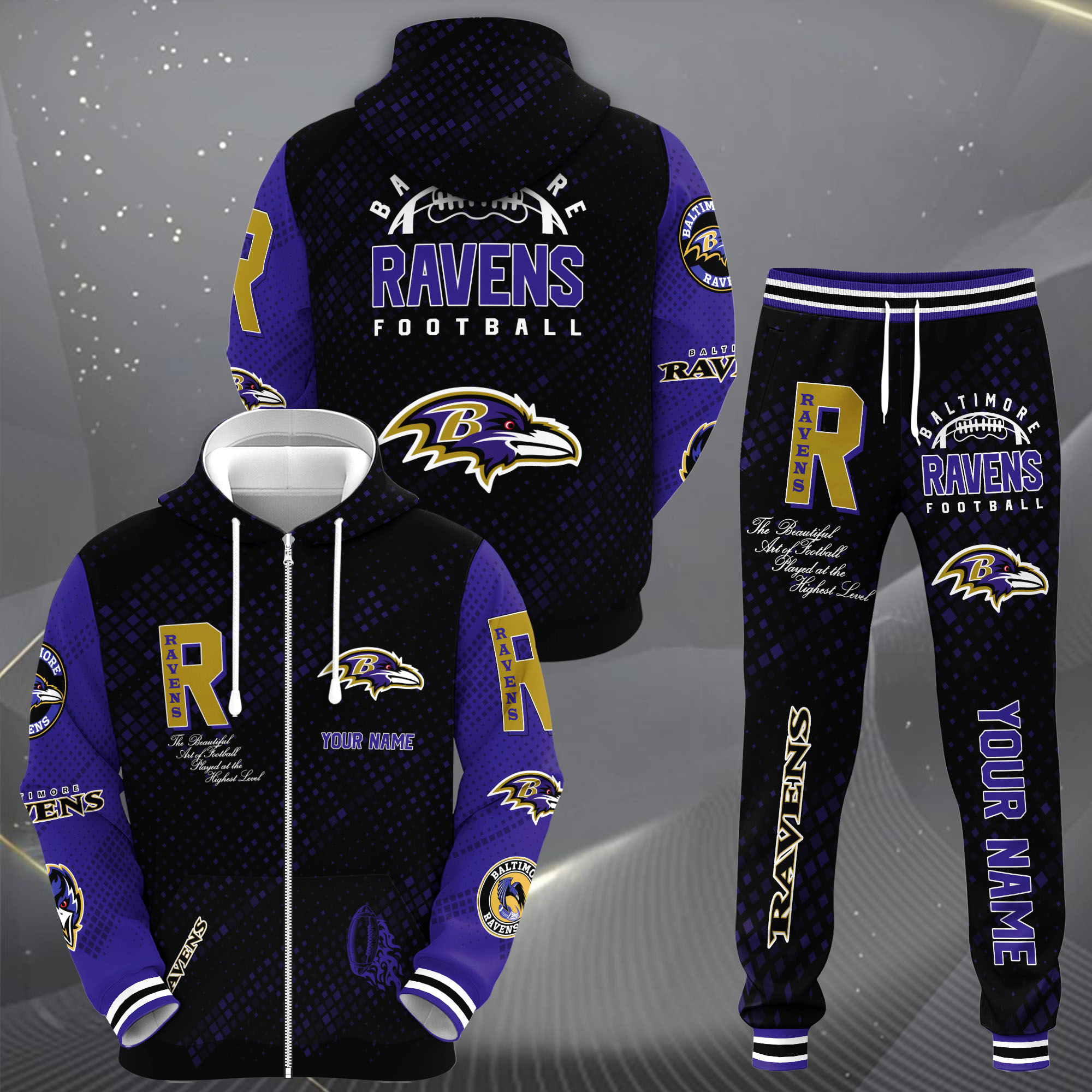 Baltimore Ravens Zip Up Hoodie Joggers Set Custom Your name, Sport Zip Up Hoodie Joggers Set, Sport Gifts For Fan Premium Merchandise