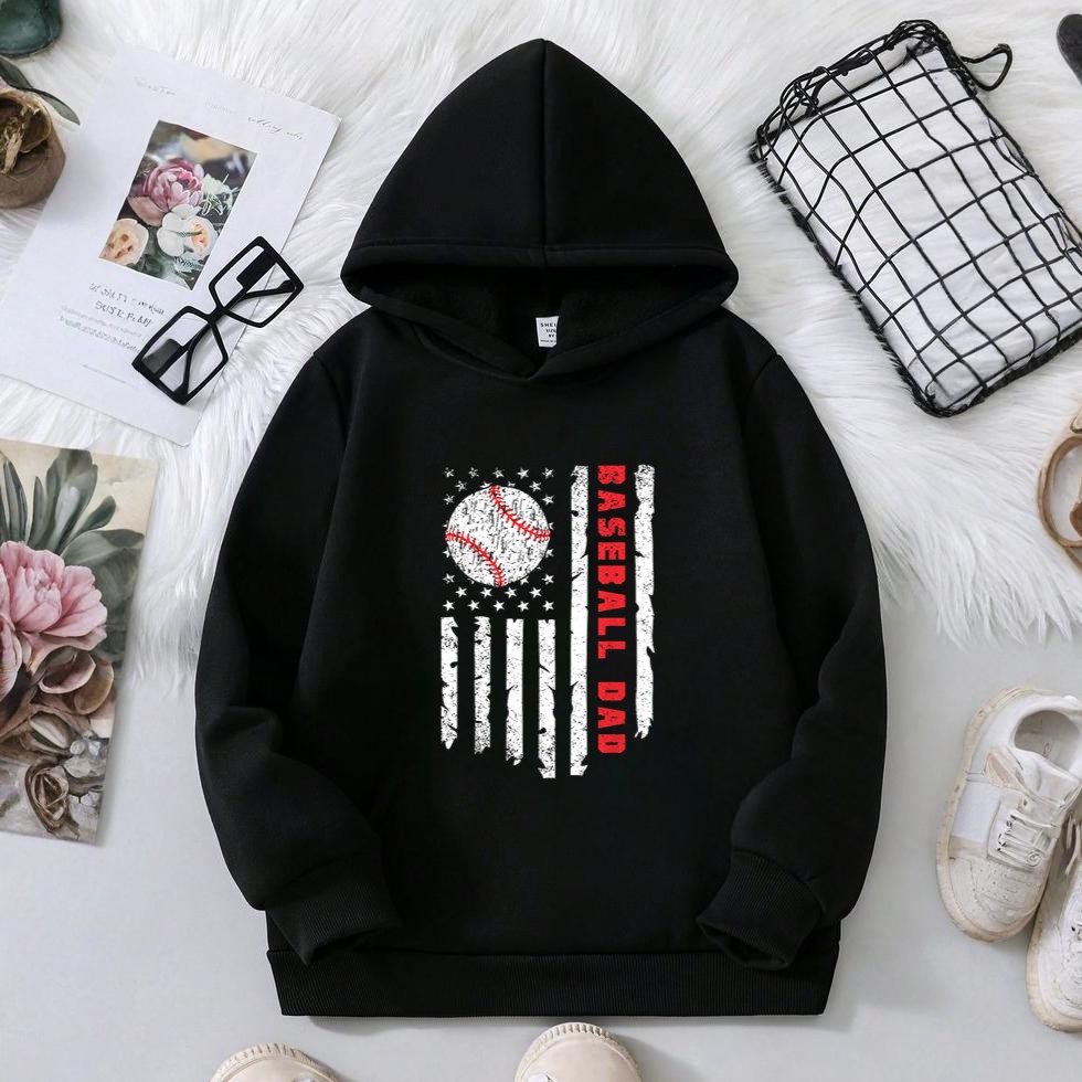 Baseball DAD USA American Flag Patriotic Dad 4th of July Hoodie