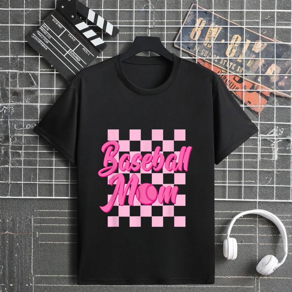 Baseball Mom Black And Pink Grid Sports Mother Mama Player T-Shirt