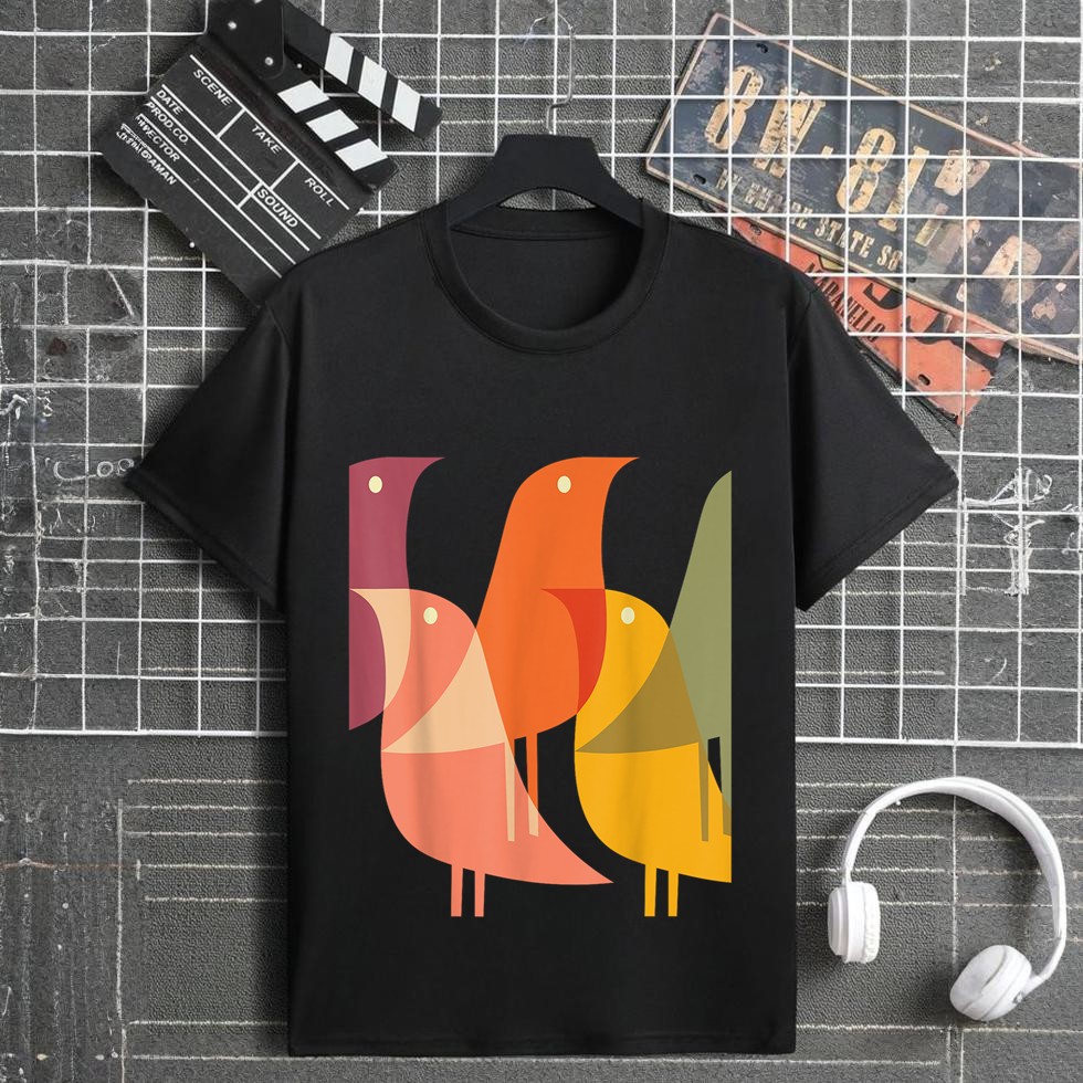 Bird Print Art Deco 60s Style Minimal Hippy Retro Cool T-Shirt