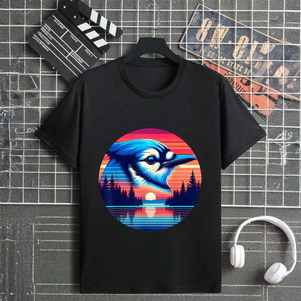 Blue Jay Bird Sunset Retro Style Safari Vintage 70s T-Shirt