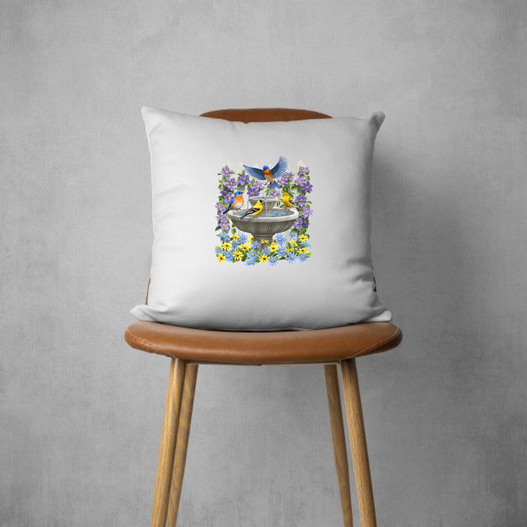 Bluebirds Goldfinches & Bird Bath Flower Garden Pillows