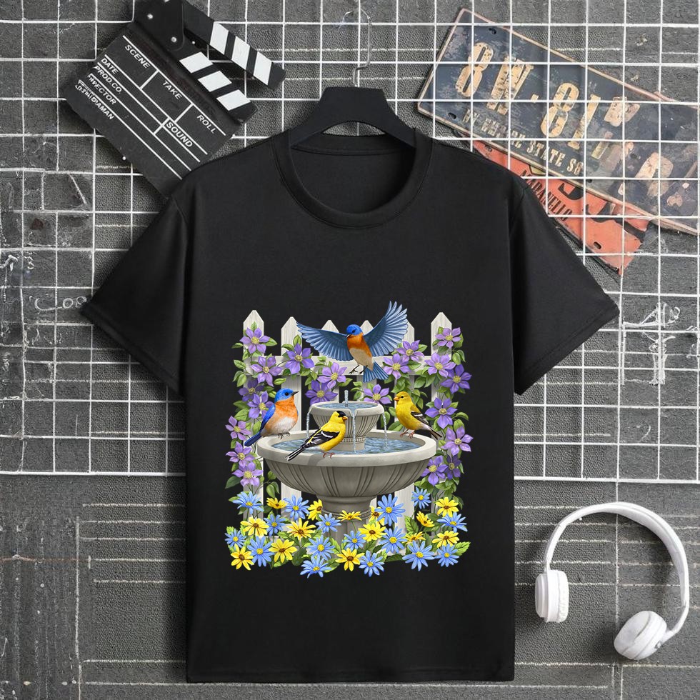 Bluebirds Goldfinches & Bird Bath Flower Garden T-Shirt