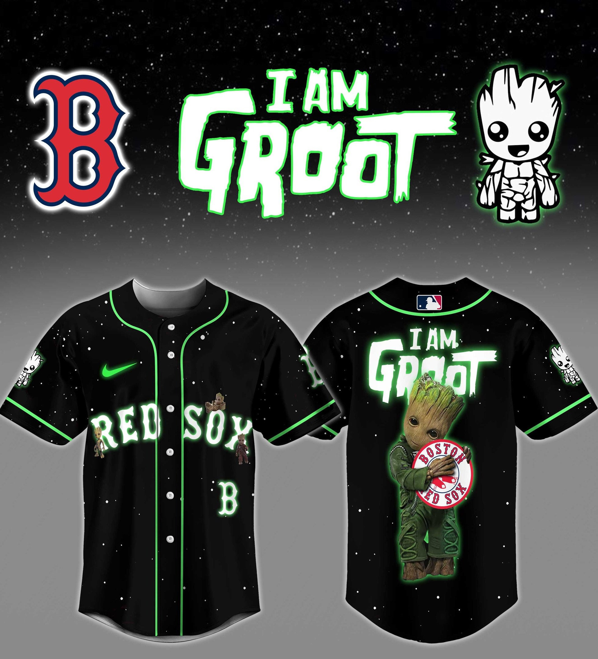 Boston Red Sox x I Am Groot Baseball Jersey Cool Baseball Gifts