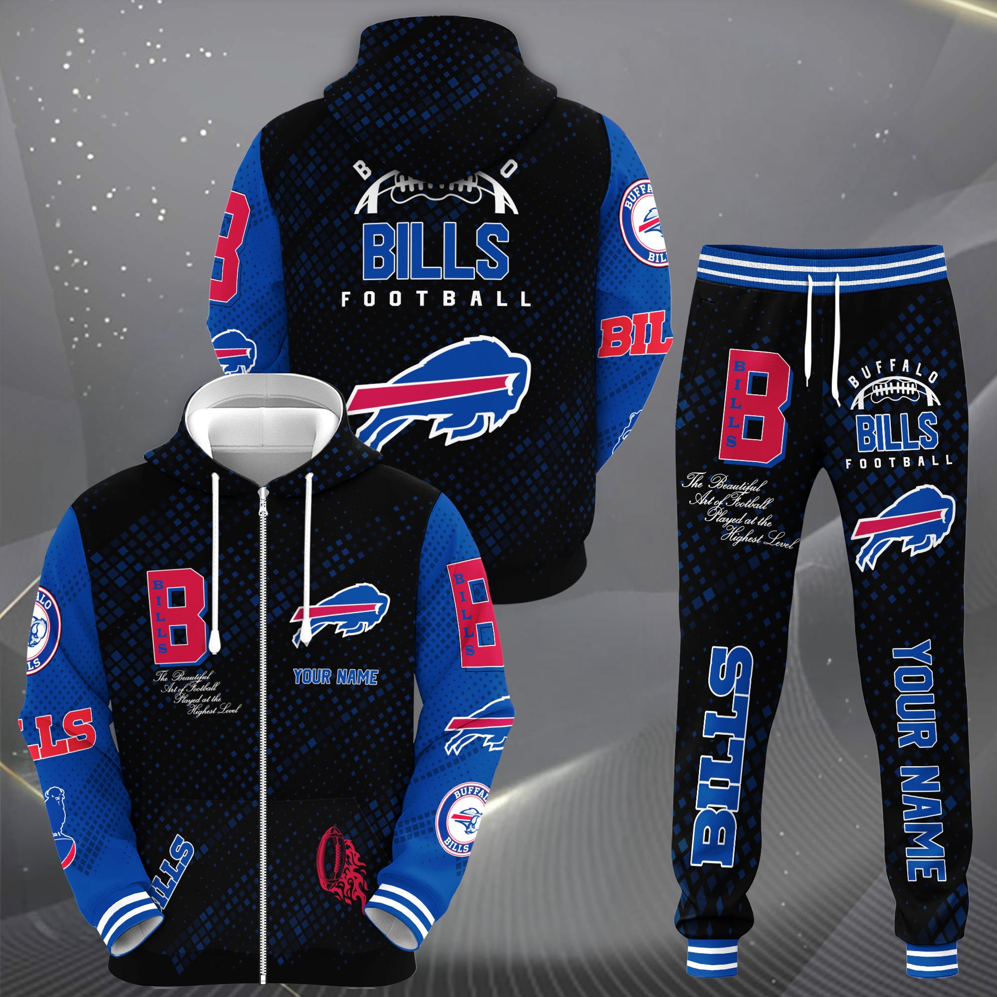 Buffalo Bills Zip Up Hoodie Joggers Set Custom Your name, Sport Zip Up Hoodie Joggers Set, Sport Gifts For Fan Gift For Sport Music Fans
