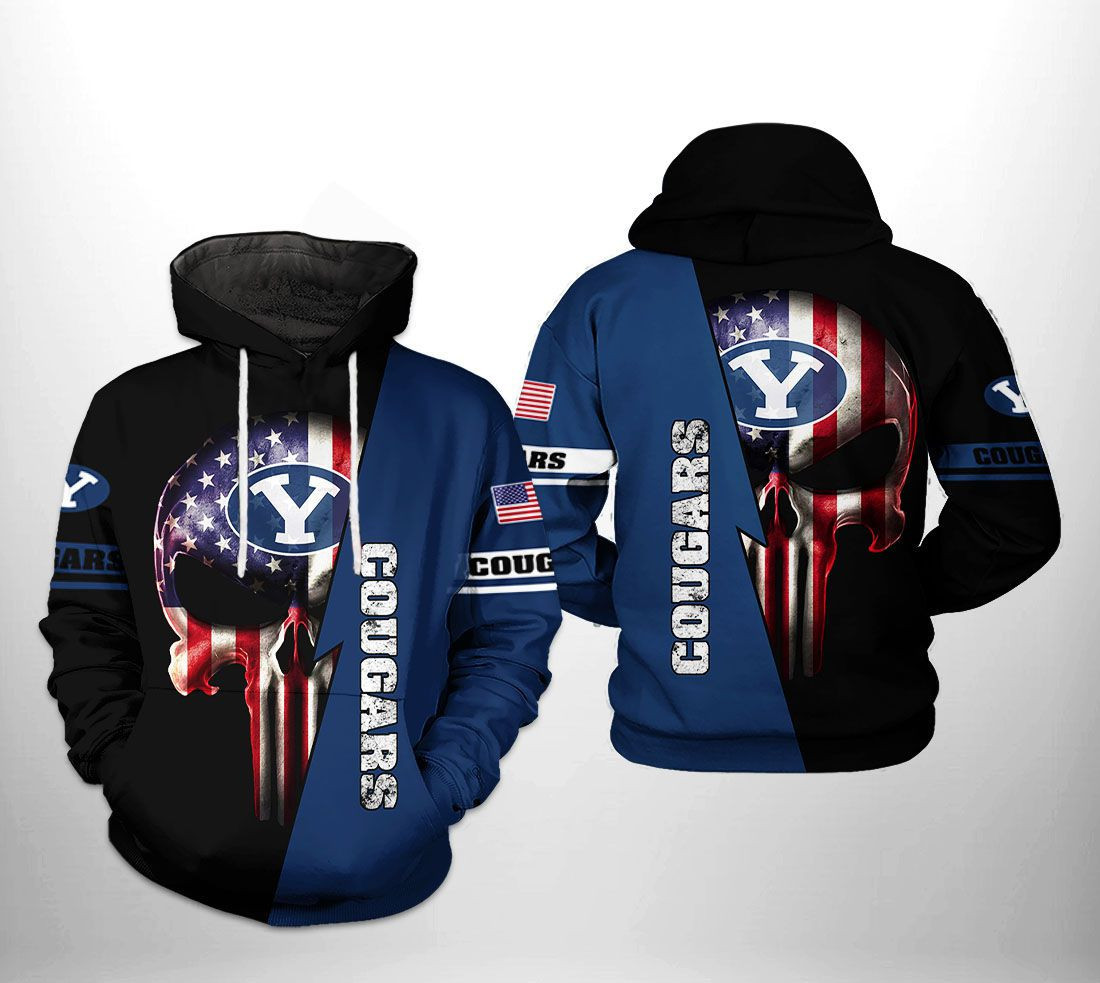 BYU Cougars NCAA US Flag Skull Hoodie  Zip Hoodie