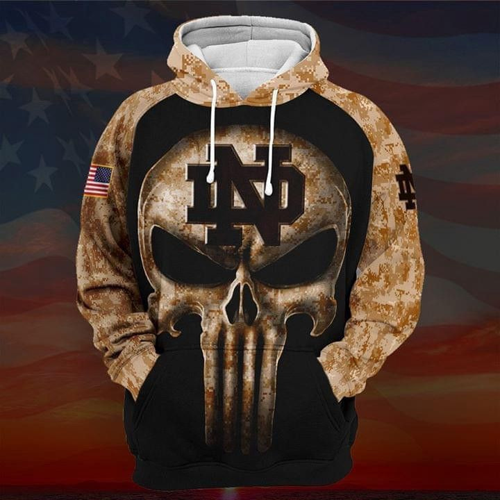 Camouflage Skull Notre Dame Fighting Irish American Flag Hoodie  Zip Hoodie Version 2624