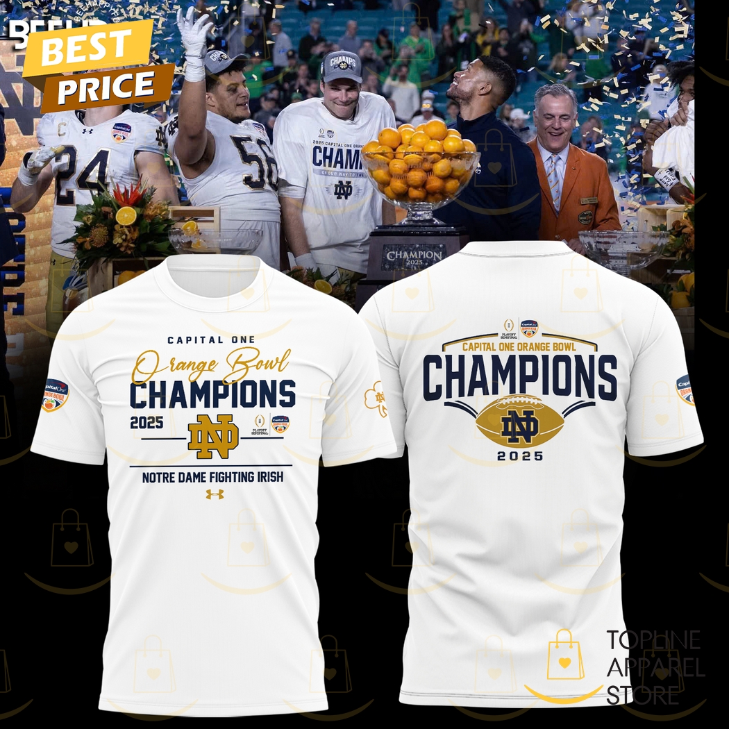 Capital One Orange Bowl Champions 2025 Notre Dame Fighting Irish 3D T-Shirt - White Gift For Sport Music Fans