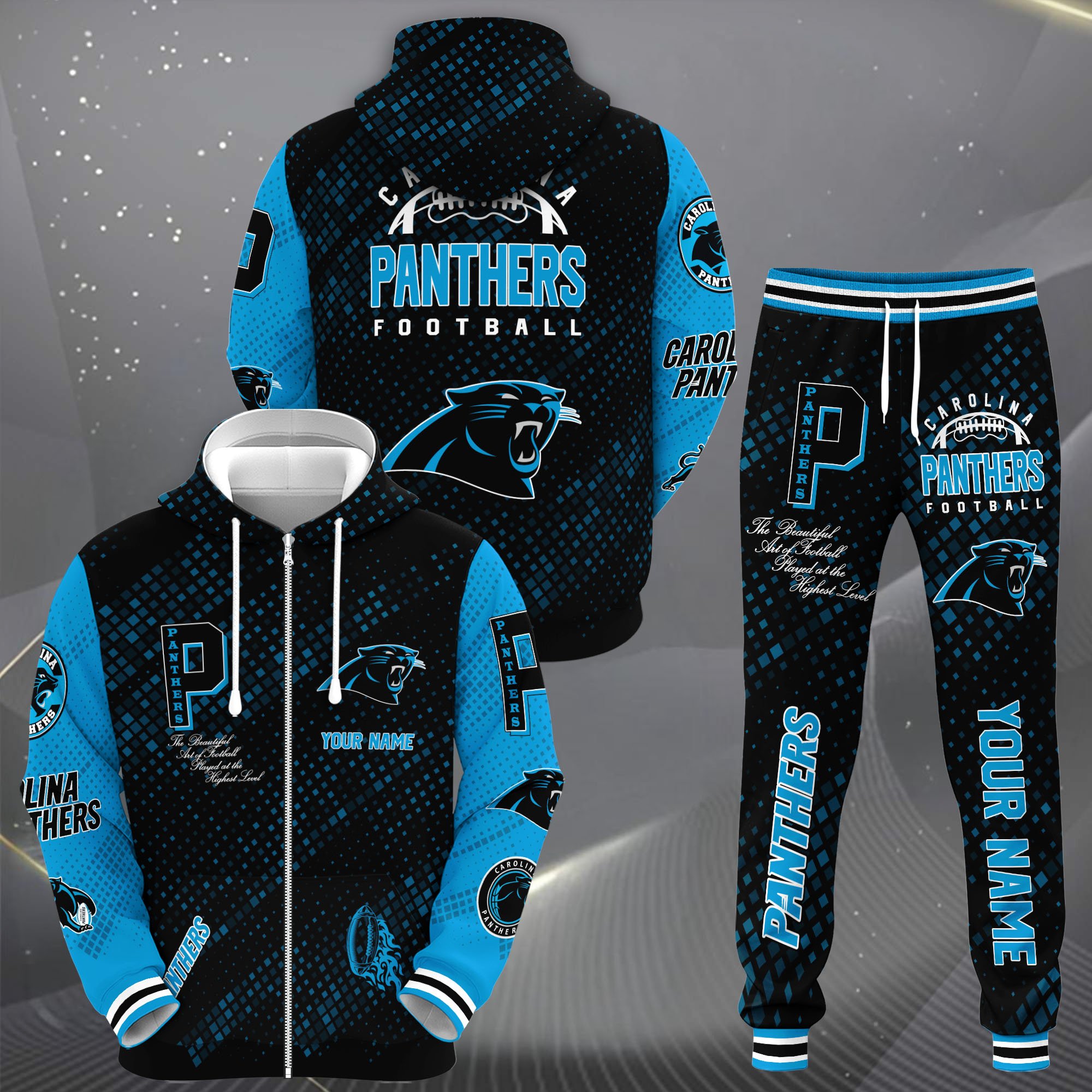 Carolina Panthers Zip Up Hoodie Joggers Set Custom Your name, Sport Zip Up Hoodie Joggers Set, Sport Gifts For Fan Premium Merchandise