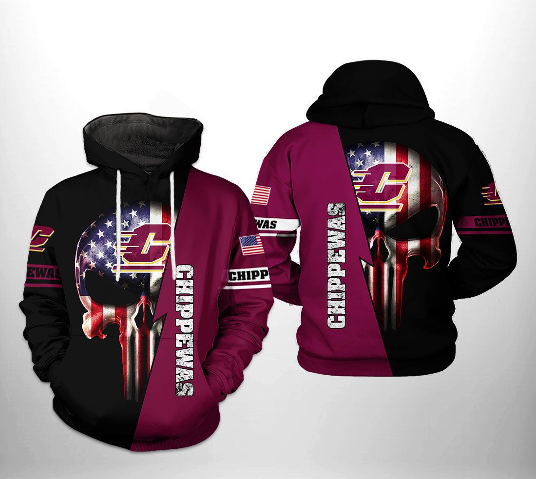Central Michigan Chippewas NCAA US Flag Skull Hoodie  Zip Hoodie