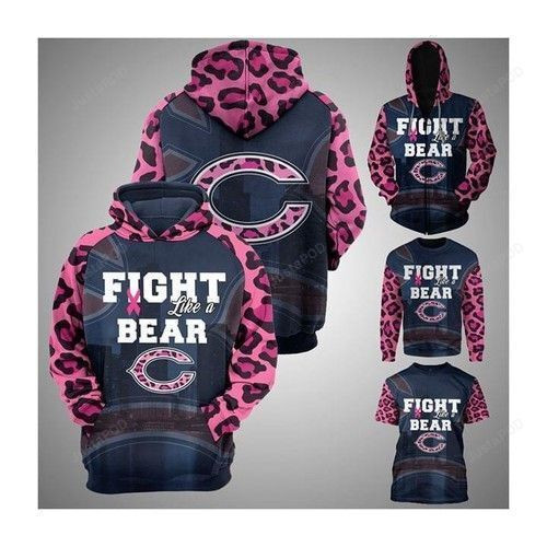 Chicago Bears Fight Like A Bear Pink Leopard Pattern Slevees Br East Cancer Hoodie