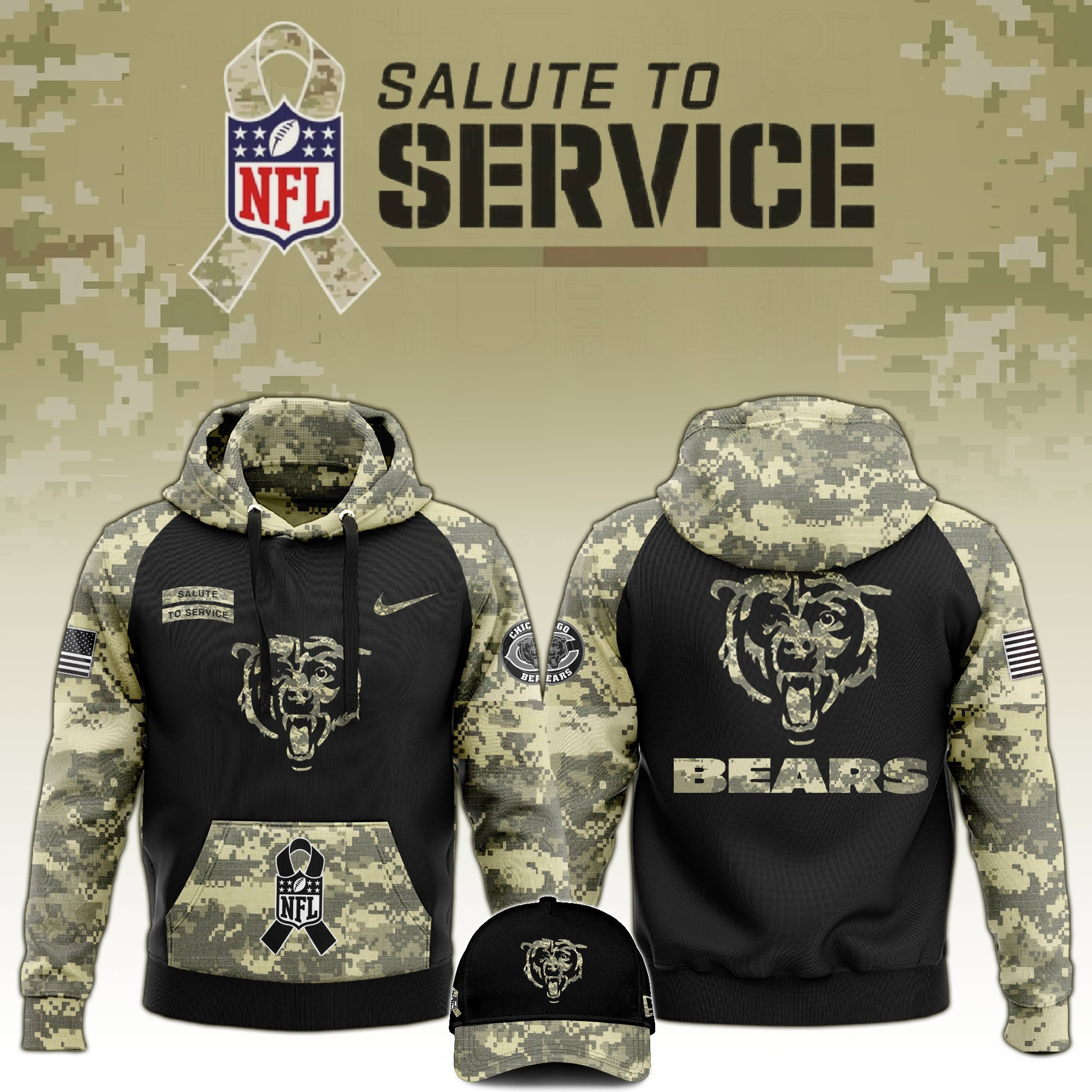Chicago Bears Salute to Service Club Camo Hoodie And Hat Unique Bears Shirt