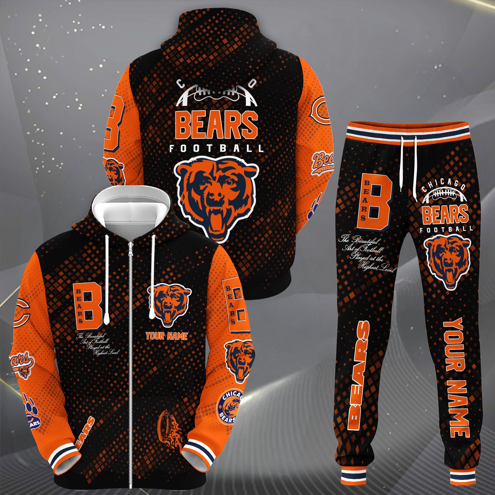 Chicago Bears Zip Up Hoodie Joggers Set Custom Your name, Sport Zip Up Hoodie Joggers Set, Sport Gifts For Fan Gift For Sport Music Fans