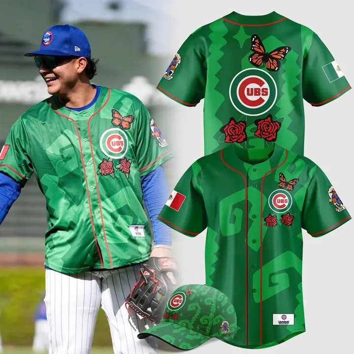 Chicago Cubs 2025 Mexican Heritage Jersey And Hat Green Merchandise Best Cubs Fan Gifts