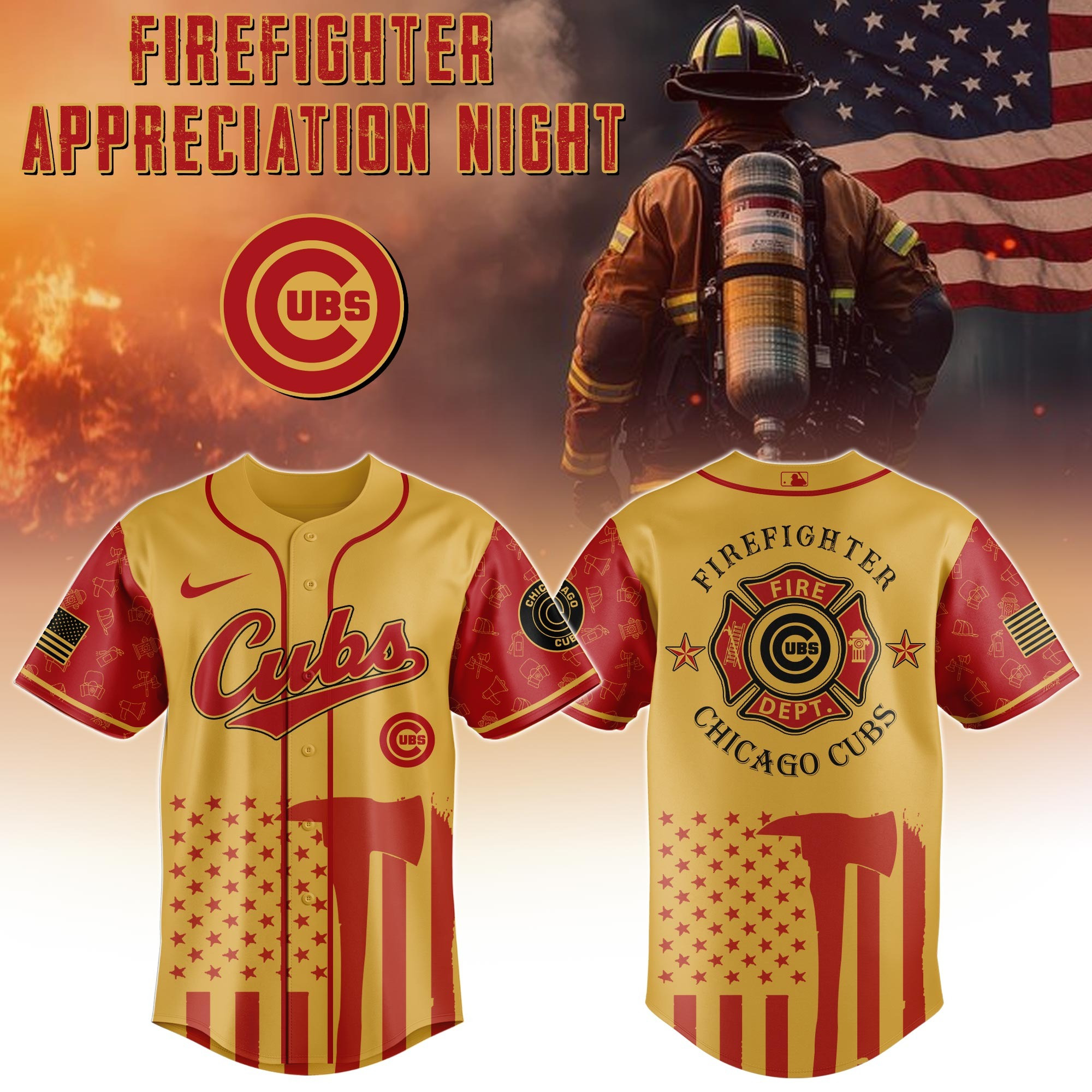 Chicago Cubs MLB X Firefighter Appreciation Night Jersey Baseball Cubs Fan Gifts For Him