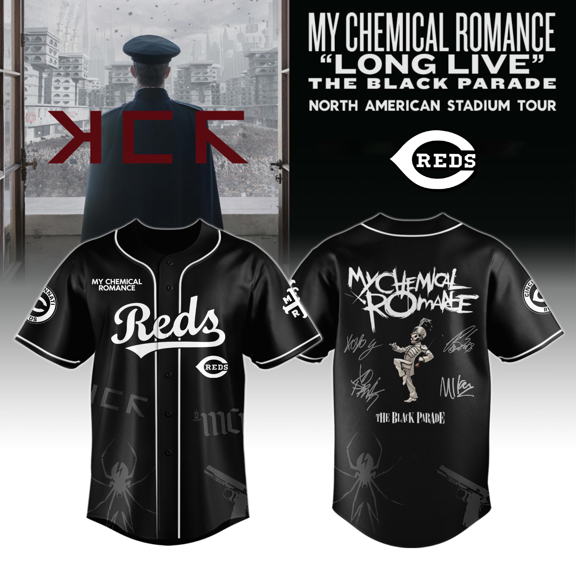 Cincinnati Reds MLB x My Chemical Romance â€œLong Live The Black Paradeâ€ North American Stadium Tour Personalized Baseball Jersey For Fans