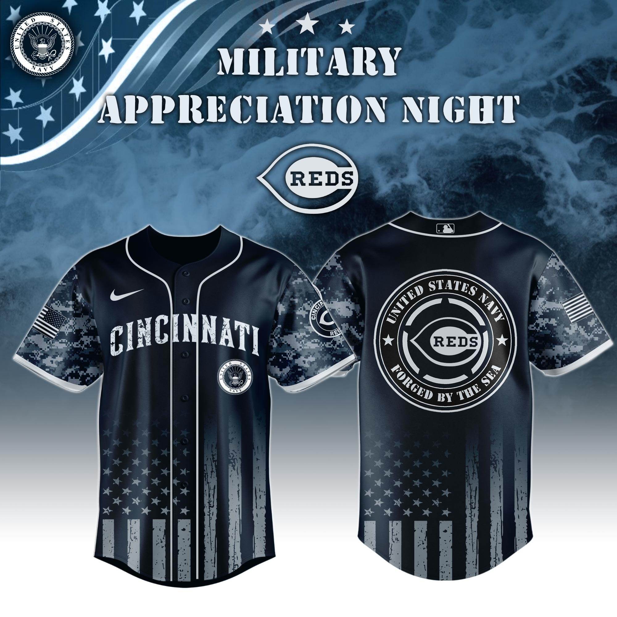 Cincinnati Reds MLB x Navy Military Appreciation Night Jersey Cool Gifts For Baseball Lovers