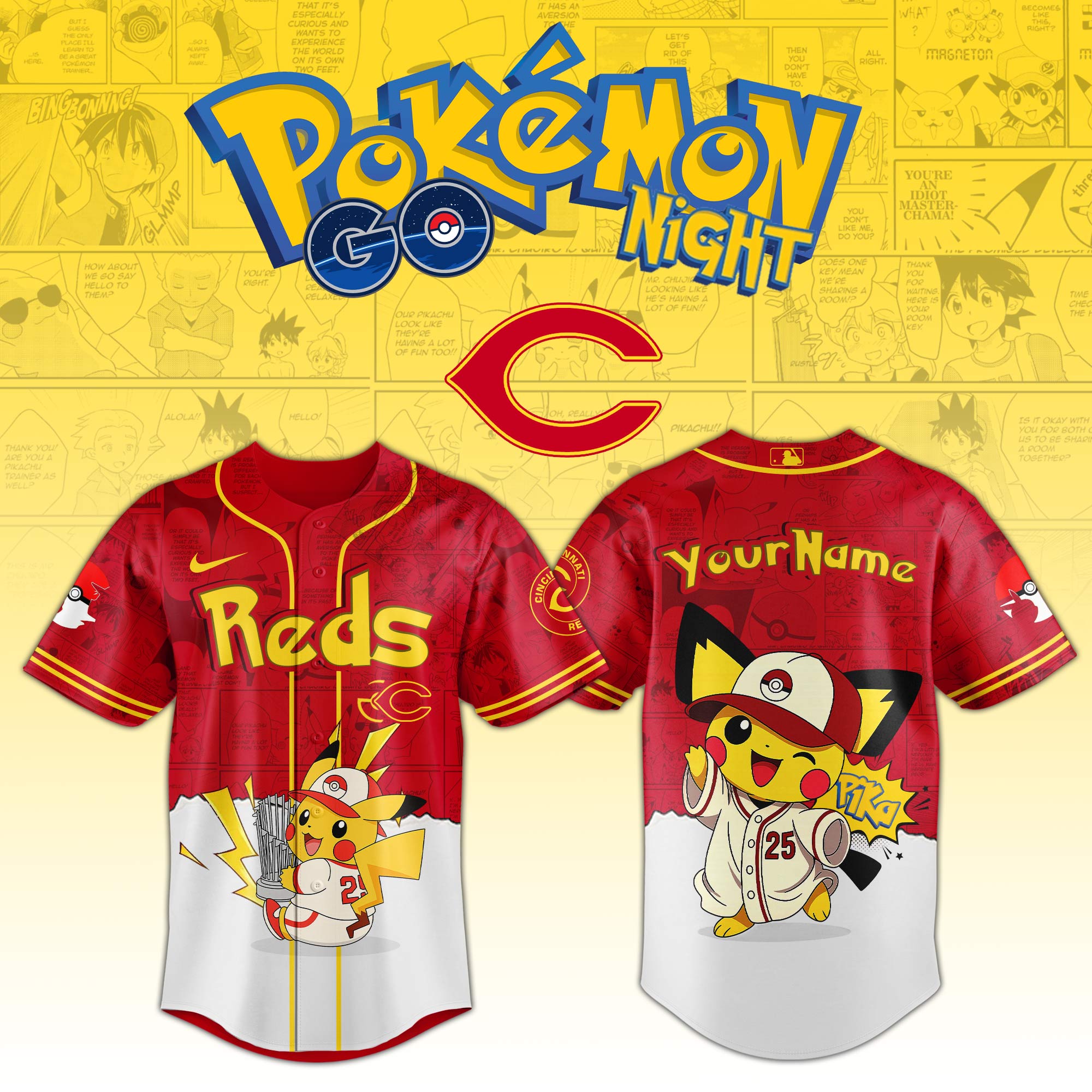 Cincinnati Reds MLB x PokÃ©mon GO Night Personalized Baseball Jersey For Fans