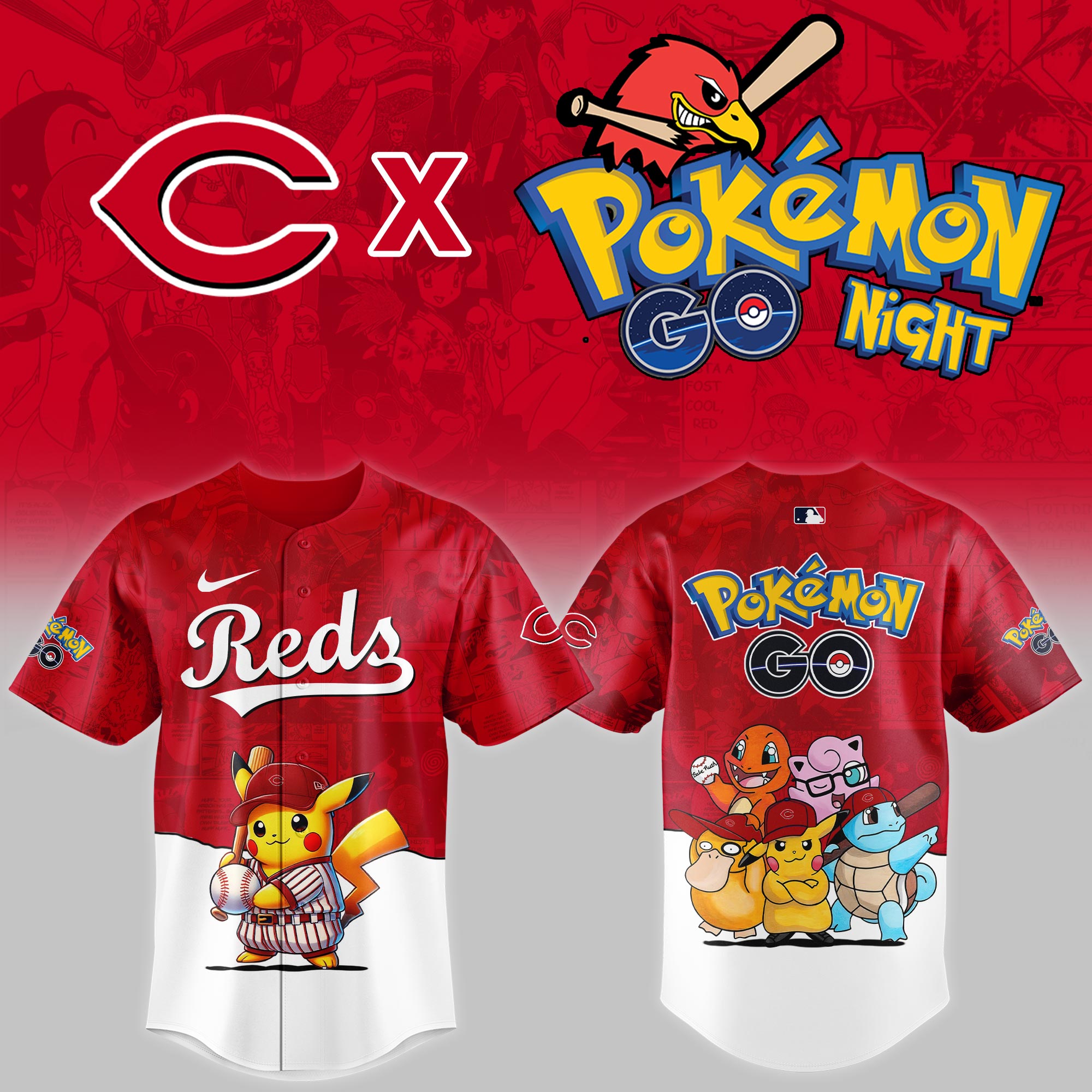 Cincinnati Reds MLB x Pokemon Go Night Personalized Baseball Jersey For Fan