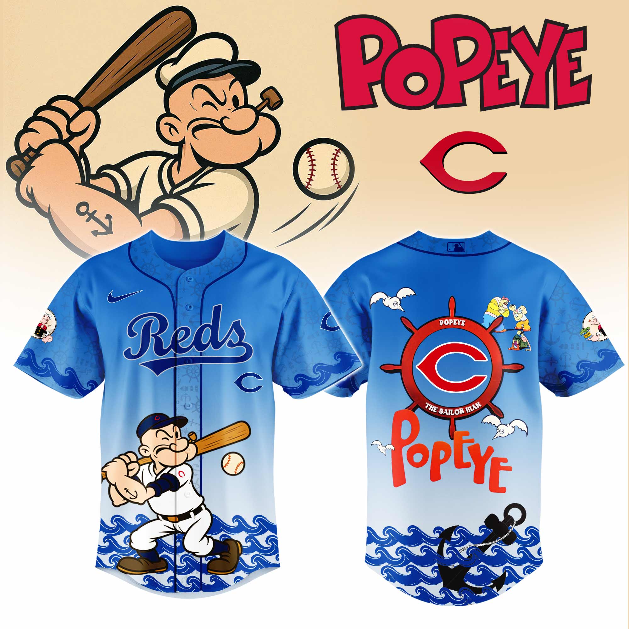 Cincinnati Reds MLB x Popeye Personalized Baseball Jersey For Fan