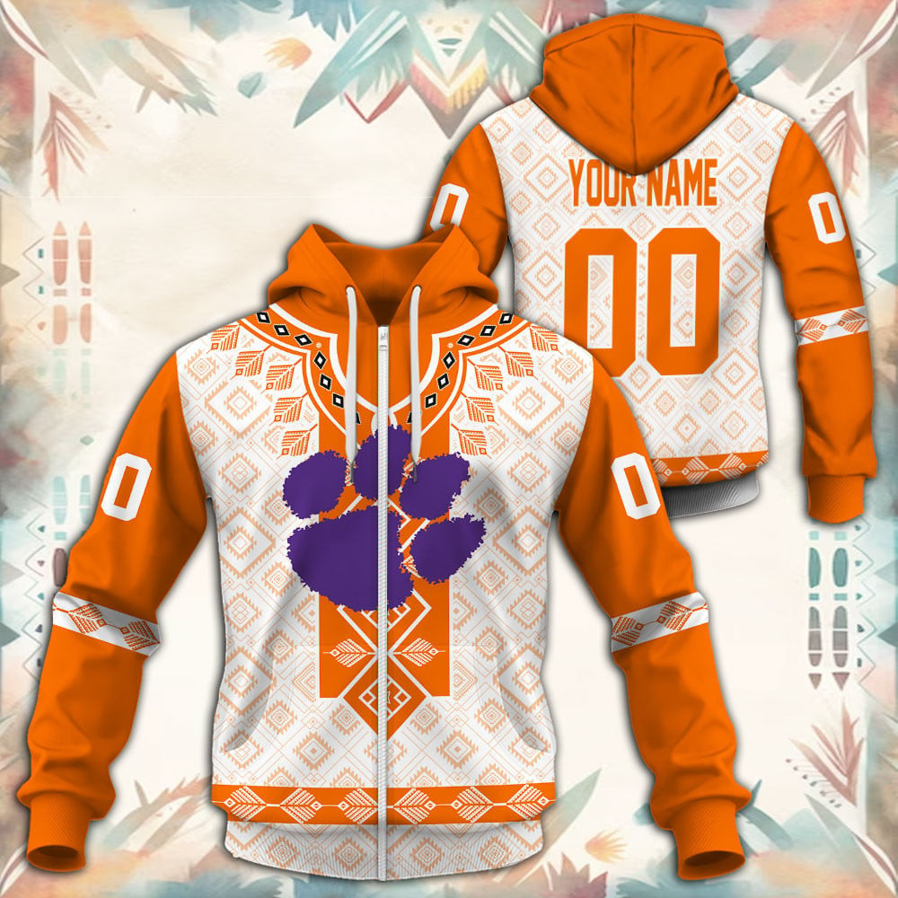 Clemson Tigers Native Tribal Custom Name And Number 3D printed Sweatshirt Hoodie Zipped Hoodie