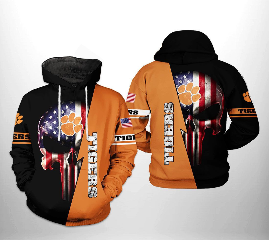 Clemson Tigers NCAA US Flag Skull Hoodie  Zip Hoodie
