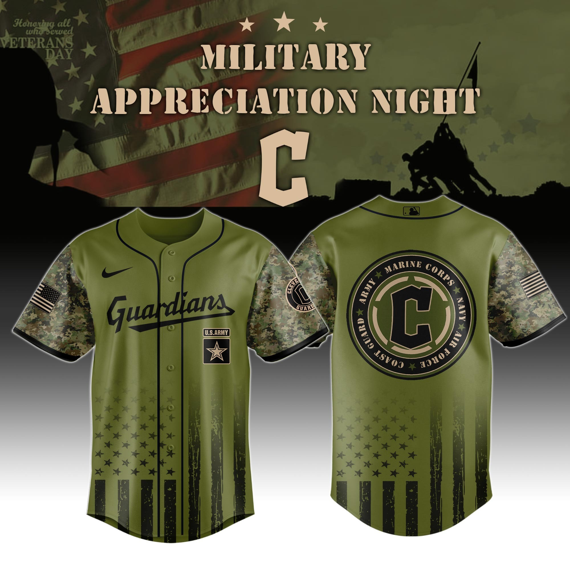 Cleveland Guardians MLB x Military Appreciation Night US Army Jersey Baseball Team Gift Ideas