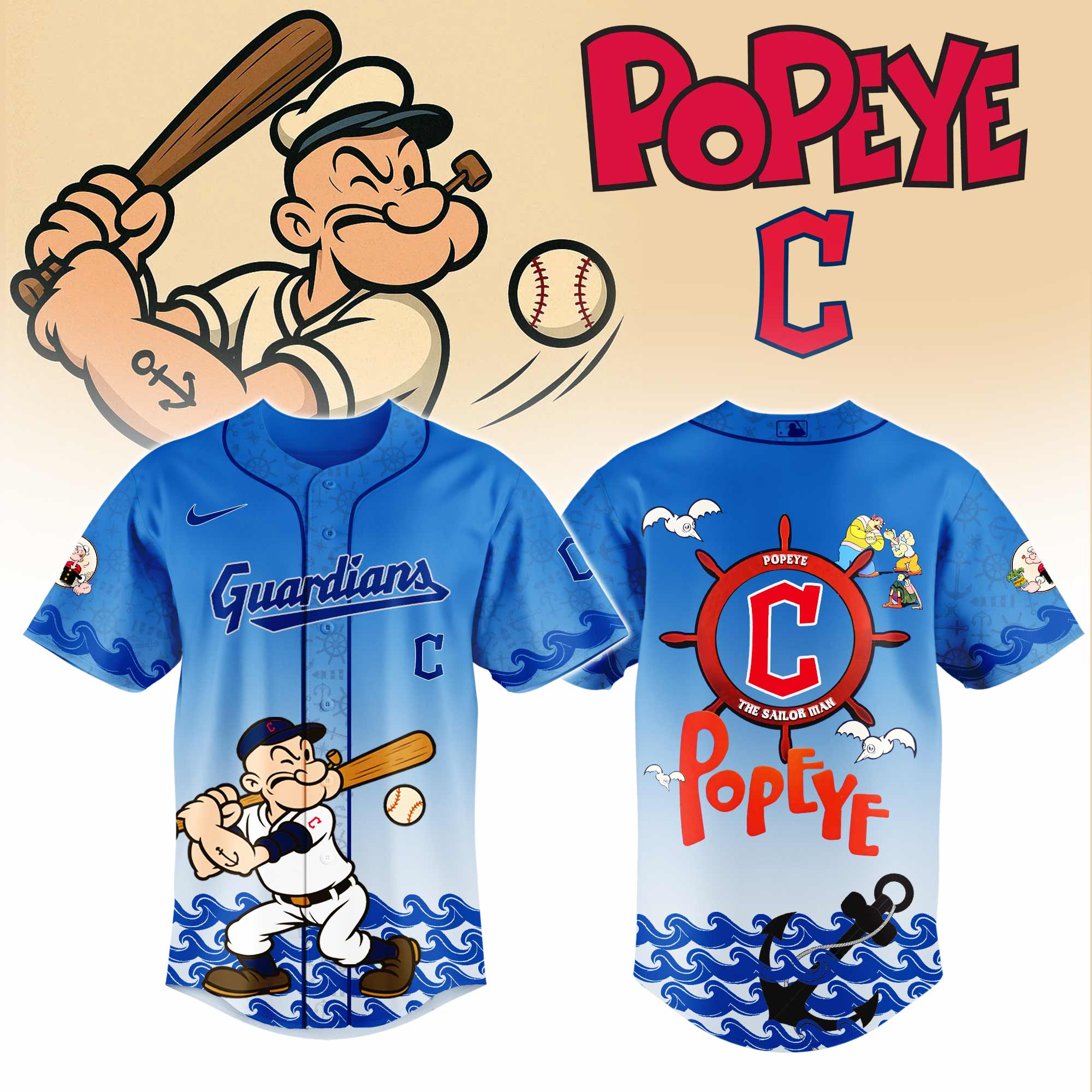 Cleveland Guardians MLB x Popeye Personalized Baseball Jersey For Fan