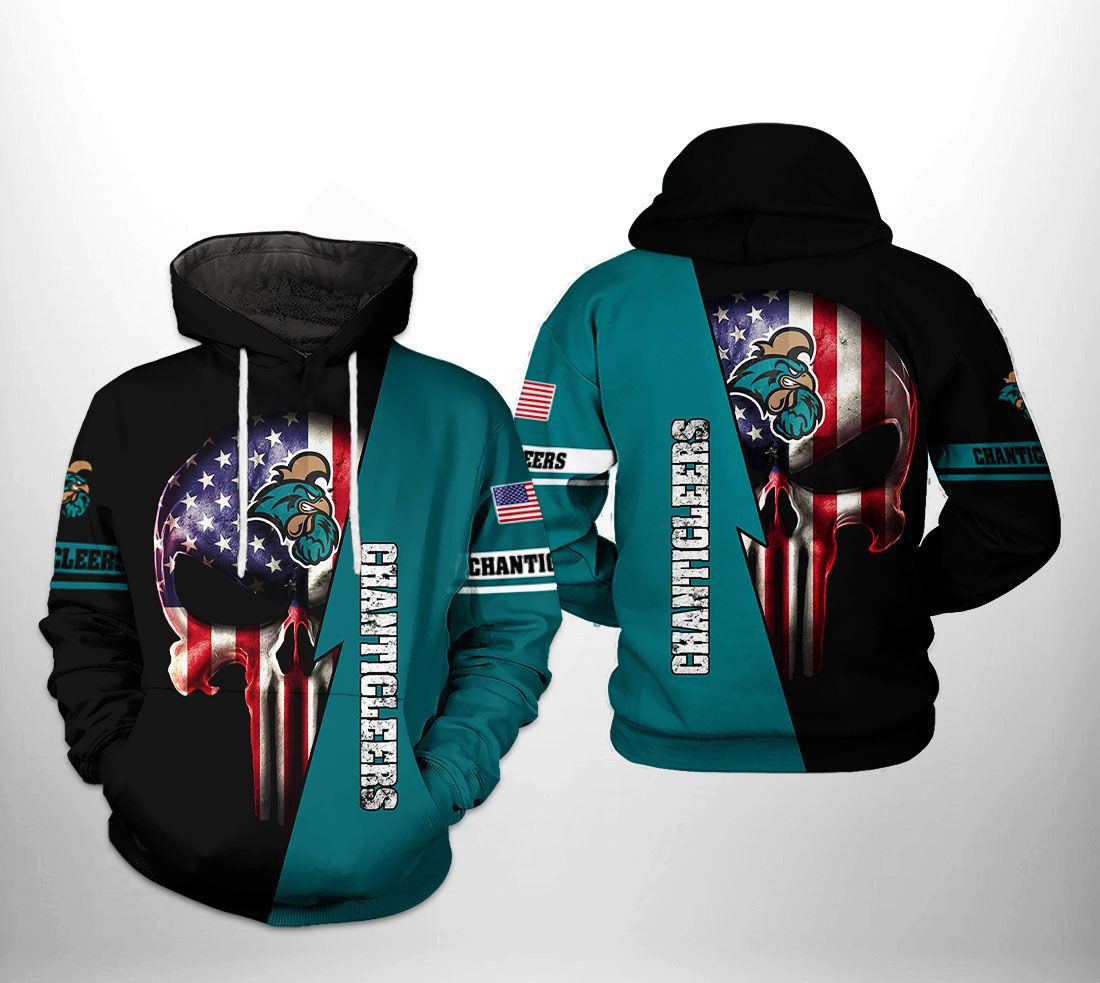 Coastal Carolina Chanticleers NCAA US Flag Skull Hoodie  Zip Hoodie