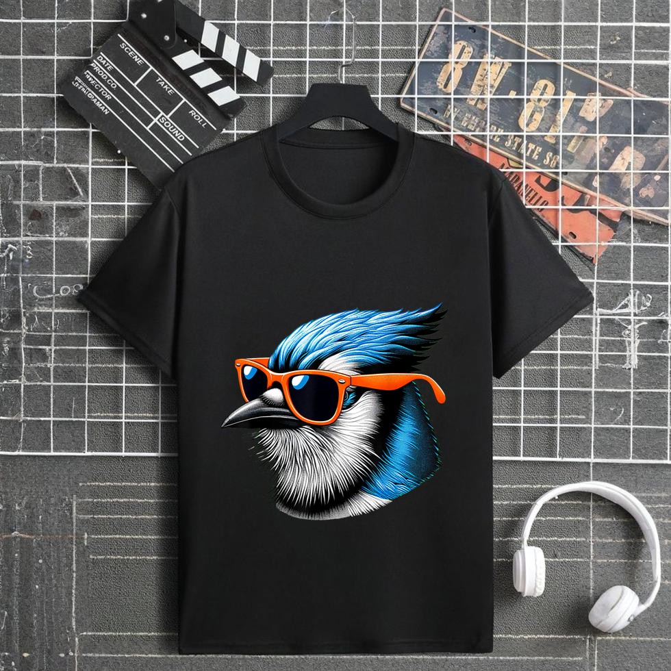Cool Blue Jay Bird Wearing Sunglasses Graphic Art T-Shirt