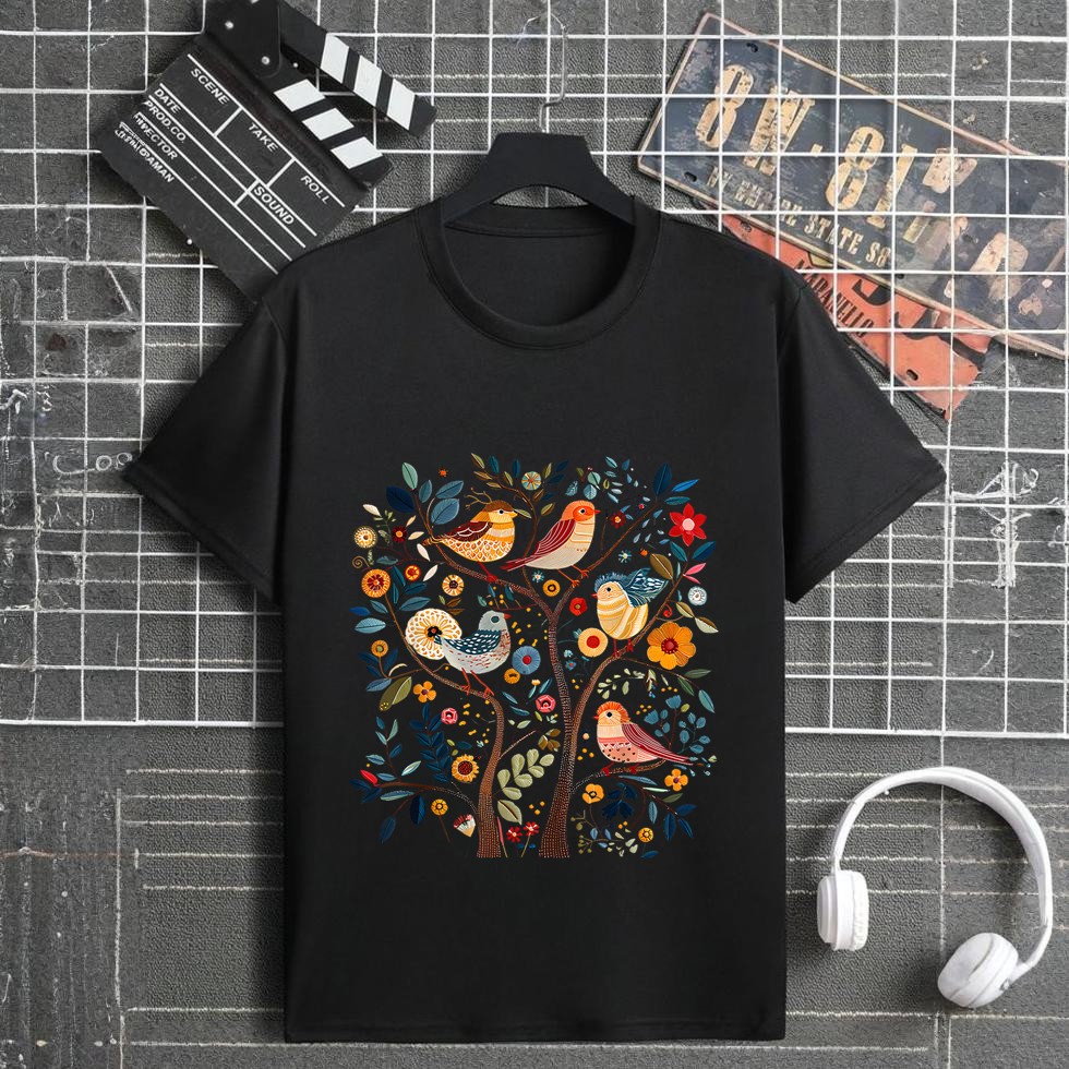 Cottagecore Scandinavian Folk Art Bird Flowers Folk Nature T-Shirt