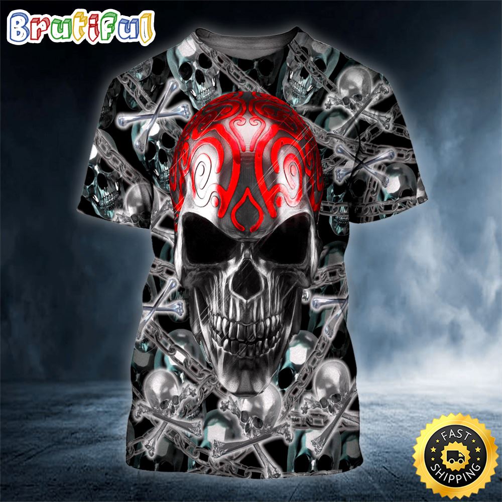 Crossbones Red Tribal Tattoos Metal Skull Horror Skull 3D Shirt All Over Print T-shirt