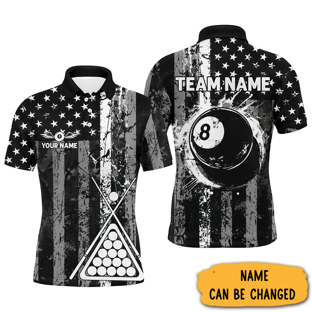 Custom Black Grunge USA Flag Billiard Polo Shirt For Men Patriotic Golf Shirt