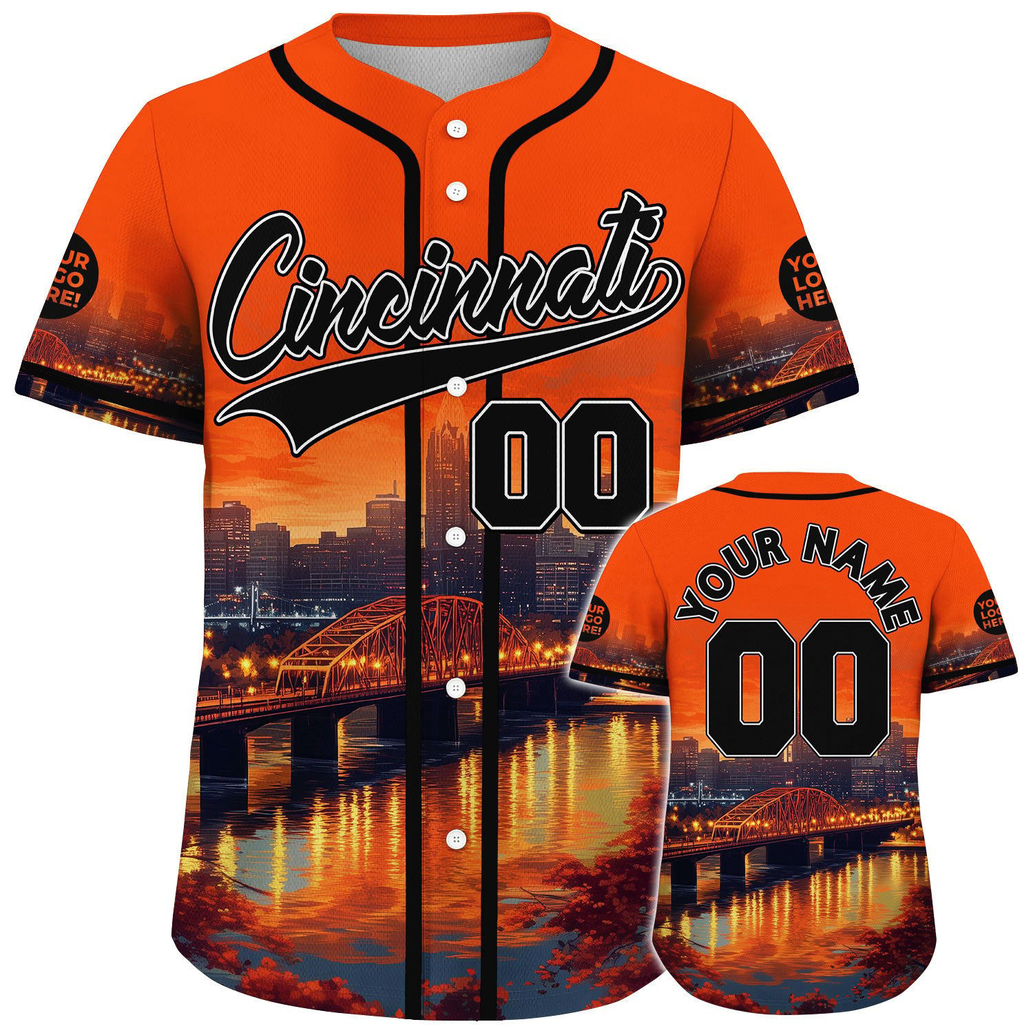 Custom Black Orange Cincinnati Taylor Southgate Bridge Autumn Night Baseball Jerseys