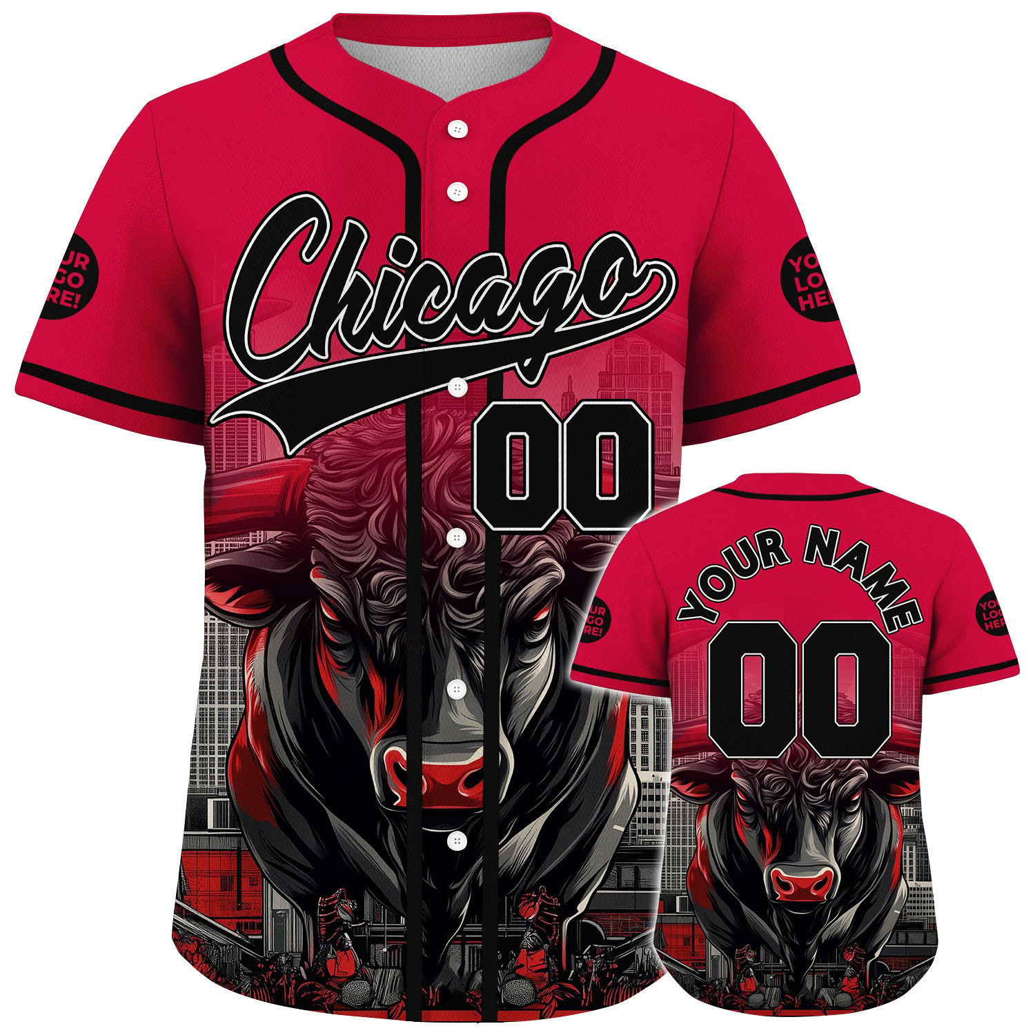 Custom Black Red Chicago Illinois Manful Bull In City Baseball Jerseys Gift For Son