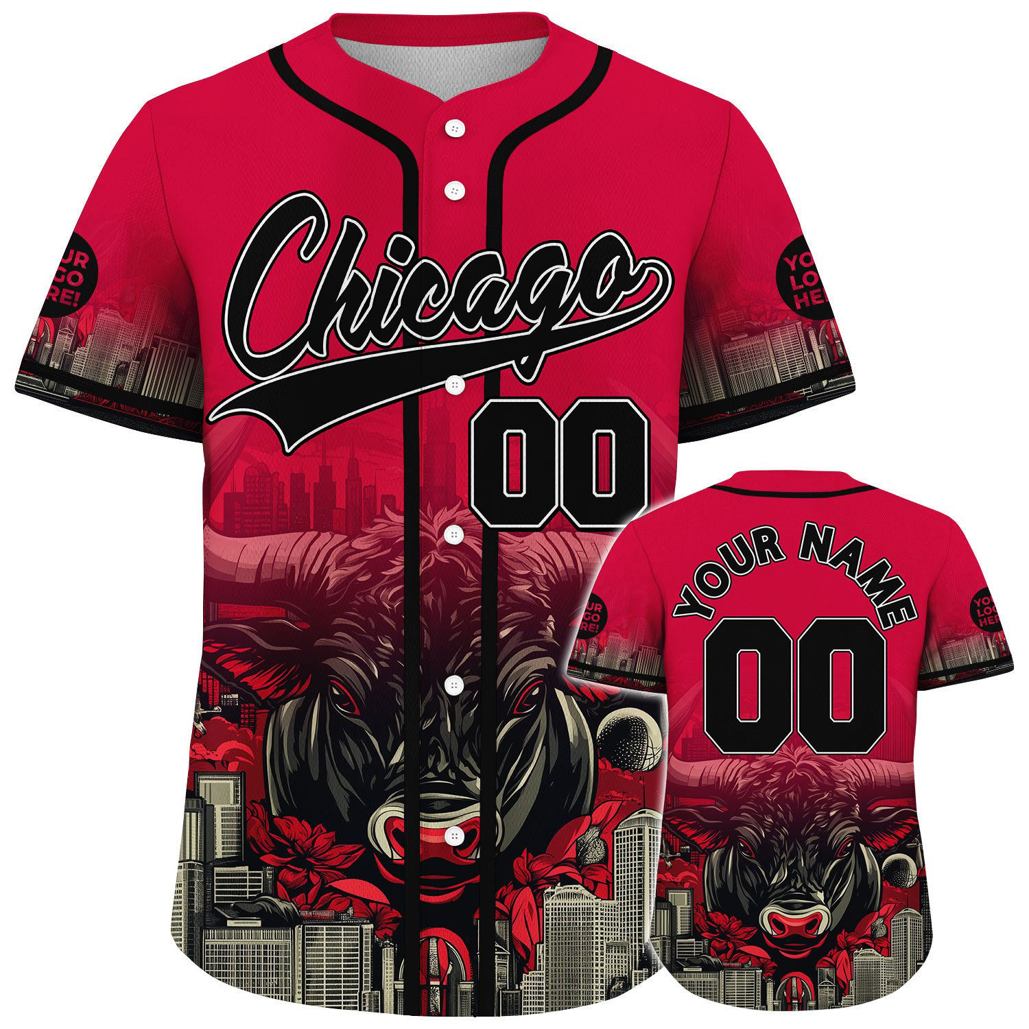 Custom Black Red Chicago Illinois Sleek Bull City Tropical Backdrop Baseball Jerseys
